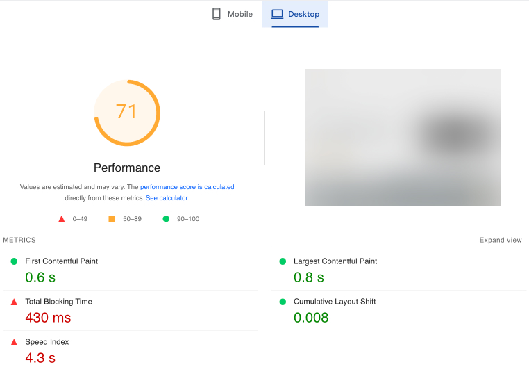 Google page speed insights Desktop results example
