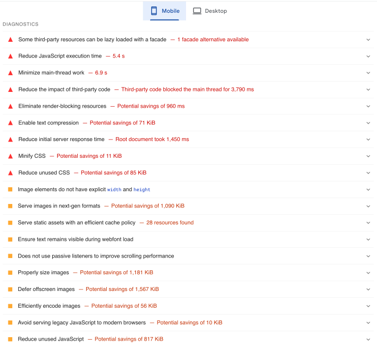 Google pagespeed insights desktop results example