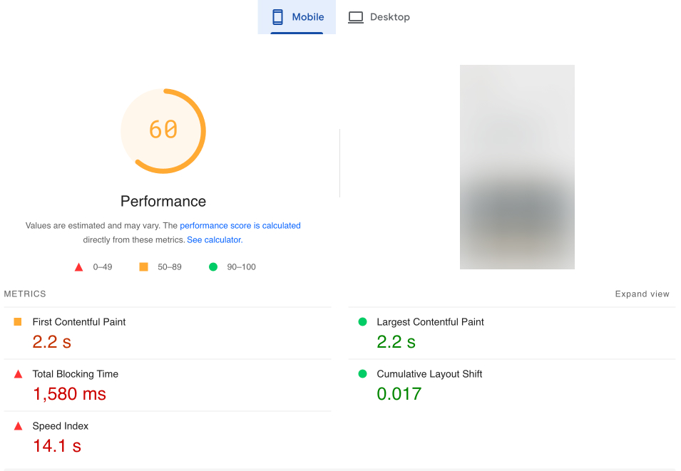 Page speed insights example with mobile results
